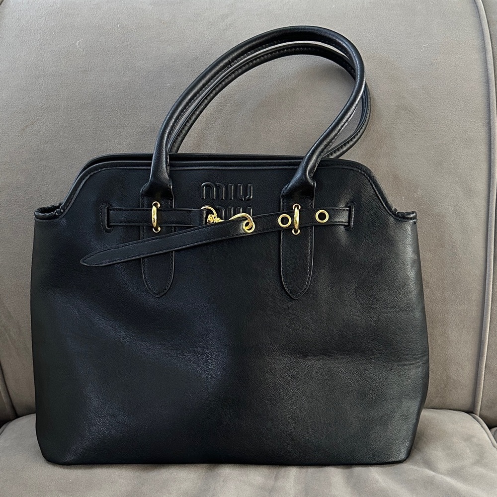 Miu Miu Black Leather Nappa Adventure Bag • Leather Satchel with Gold Accents